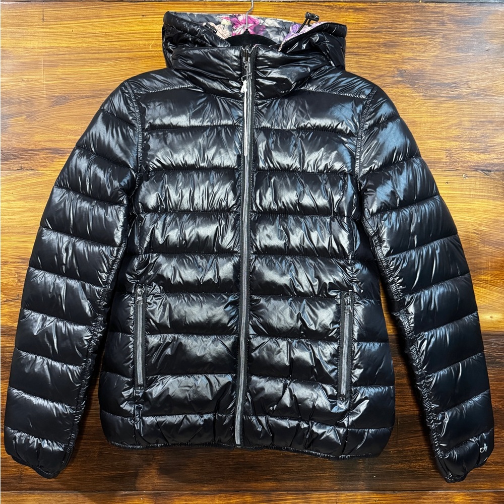 NWT Deha Reversible Black/Multicolor Floral Puffer Jacket w/ removable hood - Picture 3 of 8